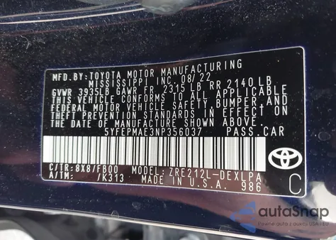 2022 Toyota Corolla Le from USA, damaged, VIN 5YFEPMAE3NP356037